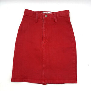 Vintage 80s 90s I.O.U. Cherry Red High Rise A-line Stretch Denim Skirt 3 23x17.5